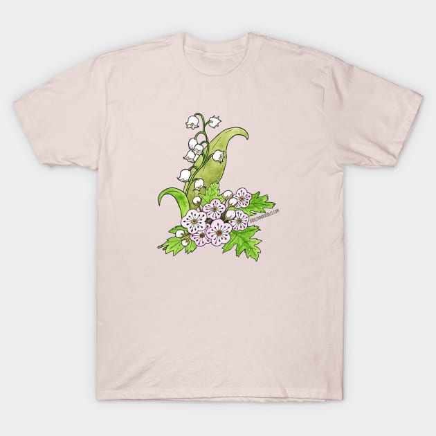 May Birth Flower - Lilly of the Valley and Hawthorn T-Shirt by JodiLynnDoodles